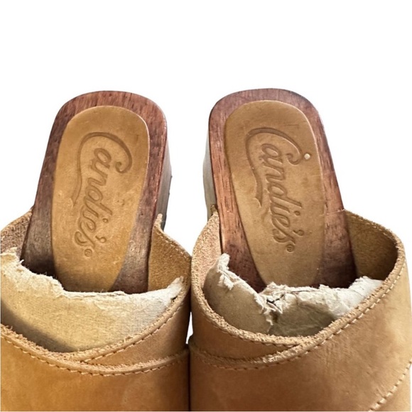 Vintage Candie's Leather Wooden Clog Sandal Women's 7.5 Tan Brown Studded Y2K - Picture 5 of 6